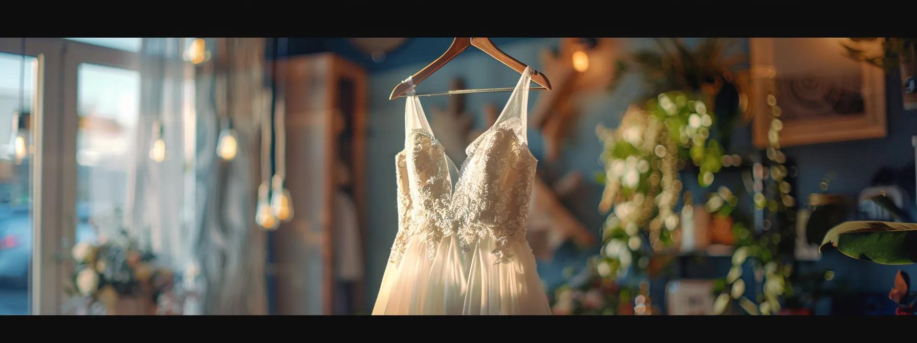 a Beautiful White Wedding Gown Hanging Elegantly on a Golden Hanger in a Well-lit Bridal Shop Showroom. - Scarlet Poppy Bridal Boutique - Scarlet Poppy Bridal Boutique