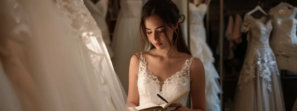 a Bride Admiring Herself in the Mirror, Surrounded by Various Wedding Dress Styles, with a Notebook and Pen in Hand, Capturing Notes During a Private Bridal Consultation. - Scarlet Poppy Bridal Boutique - Scarlet Poppy Bridal Boutique