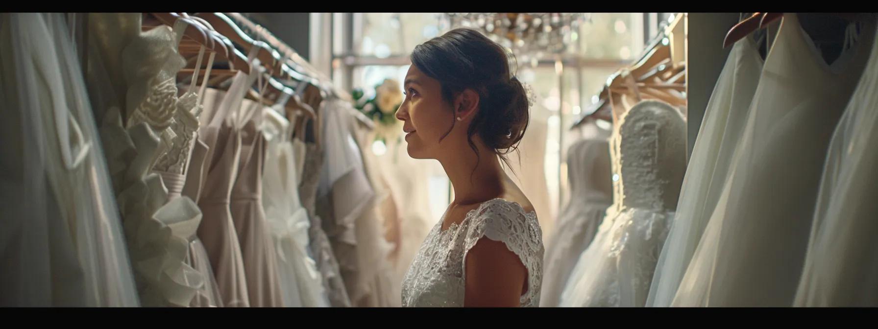 a Bride-to-be Trying on a Stunning White Wedding Dress Surrounded by Racks of Elegant Gowns in a Chic Bridal Shop, Pondering Questions to Ask the Attentive Sales Assistant. - Scarlet Poppy Bridal Boutique - Scarlet Poppy Bridal Boutique