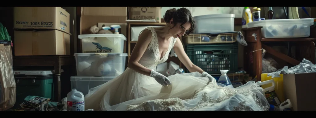 a Bride Carefully Cleaning and Repurposing Her Sustainable Gown, Surrounded by Eco-friendly Cleaning Products and Donation Boxes. - Scarlet Poppy Bridal Boutique - Scarlet Poppy Bridal Boutique