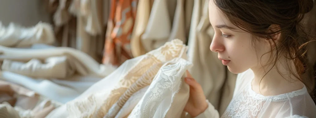 a Bride Examining a Luxurious, Ethically Sourced Eco-friendly Fabric with a Soft and Elegant Texture, Surrounded by Various Fabric Samples and a Designer Discussing Sustainable Options for Her Bridal Gown. - Scarlet Poppy Bridal Boutique - Scarlet Poppy Bridal Boutique