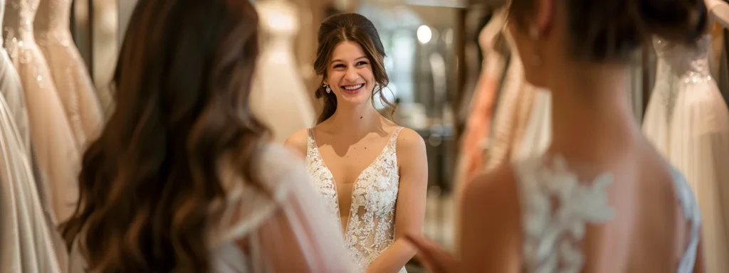 a Bride in a Stunning Gown, Surrounded by Various Dress Options, Gestures Excitedly While Her Bridal Consultant Listens Attentively and Takes Notes. - Scarlet Poppy Bridal Boutique - Scarlet Poppy Bridal Boutique