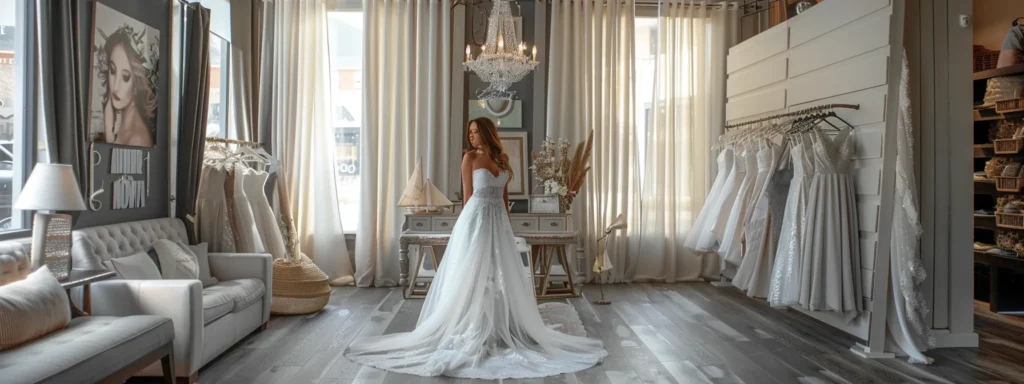 a Bride Standing in a Chic, Elegant Bespokes Bridal Boutique, Surrounded by Luxurious Fabrics and Stylish Designs, with a Designer Showcasing Their Portfolio. - Scarlet Poppy Bridal Boutique - Scarlet Poppy Bridal Boutique