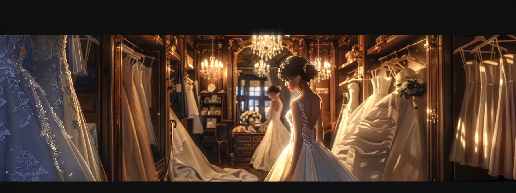 a Bride Standing in Front of a Full-length Mirror in a Luxurious Bridal Boutique, Surrounded by Racks of Beautiful Wedding Gowns. - Scarlet Poppy Bridal Boutique - Scarlet Poppy Bridal Boutique