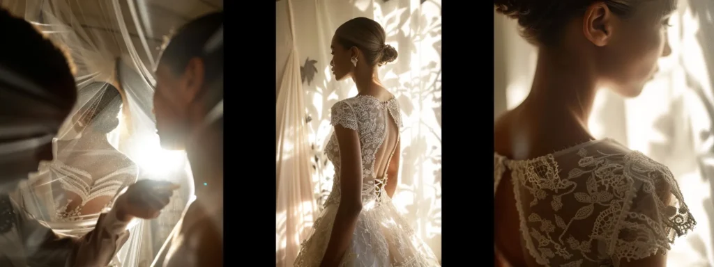 a Bride Stands in a Luxurious Custom Wedding Dress, Adorned with Intricate Lace and Personalized Details, Surrounded by Skilled Designers During a Fitting Session. - Scarlet Poppy Bridal Boutique - Scarlet Poppy Bridal Boutique