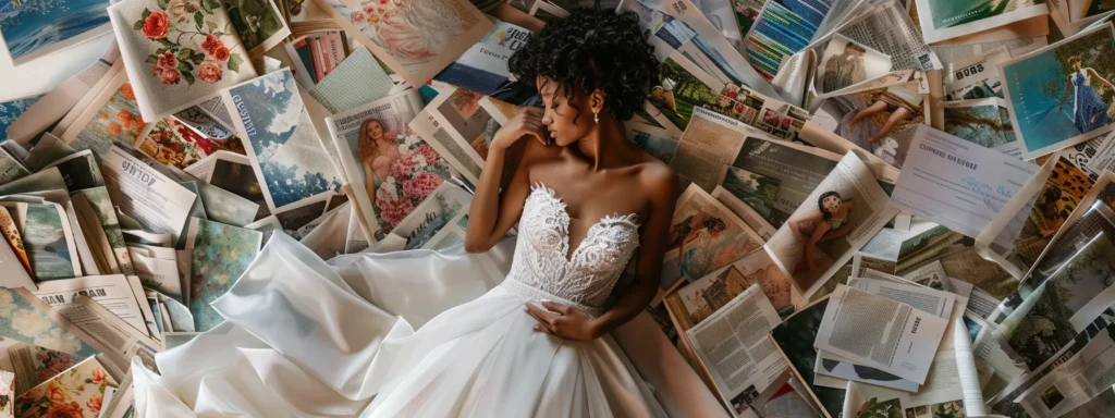 a Bride Surrounded by a Sea of Bridal Magazines and Fabric Swatches, Meticulously Selecting Her Favorite Silhouettes and Textures. - Scarlet Poppy Bridal Boutique - Scarlet Poppy Bridal Boutique
