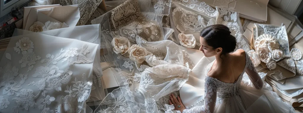 a Bride Surrounded by a Variety of Luxurious Fabric Swatches and Intricate Lace Samples While Discussing Design Details with a Dressmaker. - Scarlet Poppy Bridal Boutique - Scarlet Poppy Bridal Boutique