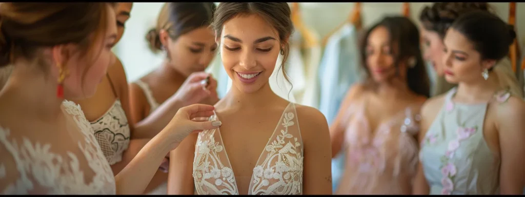 a Bride Surrounded by Supportive Companions at a Bridal Boutique, Trying on Different Gowns While Considering Her Budget and Wearing Appropriate Undergarments and Shoes. - Scarlet Poppy Bridal Boutique - Scarlet Poppy Bridal Boutique