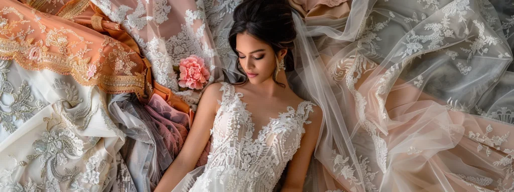 a Bride Surrounded by Swatches of Luxurious Fabrics and Intricate Lace, Selecting Embellishments for Her Dream Wedding Gown. - Scarlet Poppy Bridal Boutique - Scarlet Poppy Bridal Boutique