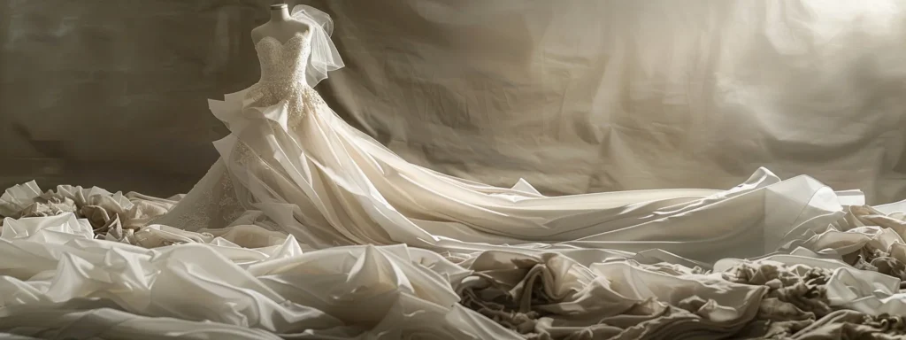 a Flowing, Elegant Bridal Gown Made from Ethically Sourced, Eco-friendly Fabric, Contrasting with a Pile of Discarded Nylon Fabric in the Background. - Scarlet Poppy Bridal Boutique - Scarlet Poppy Bridal Boutique
