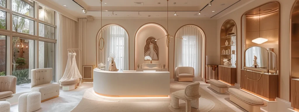a Serene Bridal Boutique with Soft Lighting, Elegant Mirrors, and Luxurious Fabrics, Providing a Private Consultation Space for a Bride-to-be to Explore Various Wedding Gown Options. - Scarlet Poppy Bridal Boutique - Scarlet Poppy Bridal Boutique