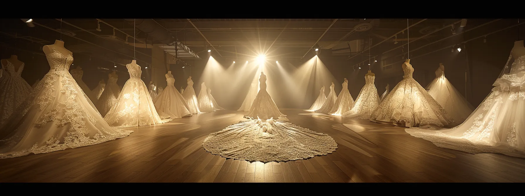 a Stunning Array of Elegant, Lace Wedding Gowns Illuminated Under a Single Bright Spotlight in a Chic Bridal Boutique. - Scarlet Poppy Bridal Boutique - Scarlet Poppy Bridal Boutique