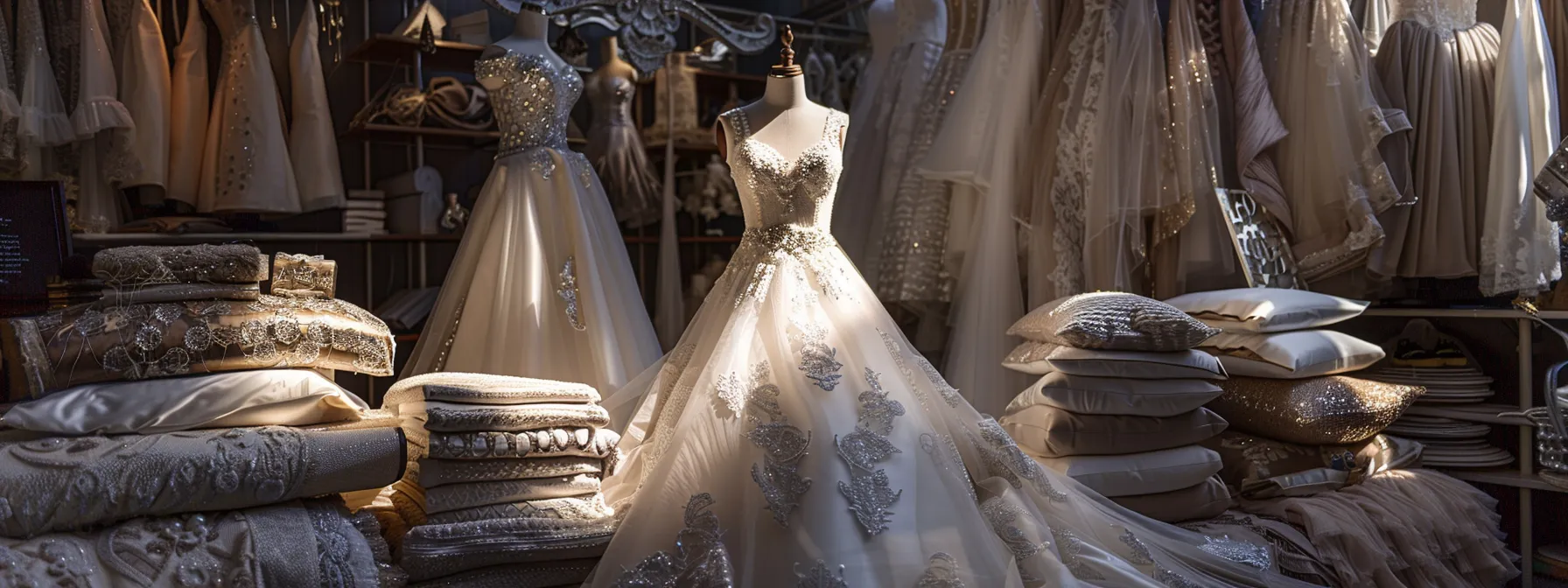 a Stunning Bridal Gown Displayed on a Mannequin Surrounded by Luxurious Fabrics and Elegant Accessories. - Scarlet Poppy Bridal Boutique - Scarlet Poppy Bridal Boutique