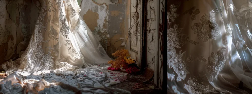 a Stunning Bridal Gown Made from Recycled Polyester, Adorned with Upcycled Vintage Fabrics and Reclaimed Lace, Symbolizing Sustainable and Eco-conscious Fashion Choices. - Scarlet Poppy Bridal Boutique - Scarlet Poppy Bridal Boutique