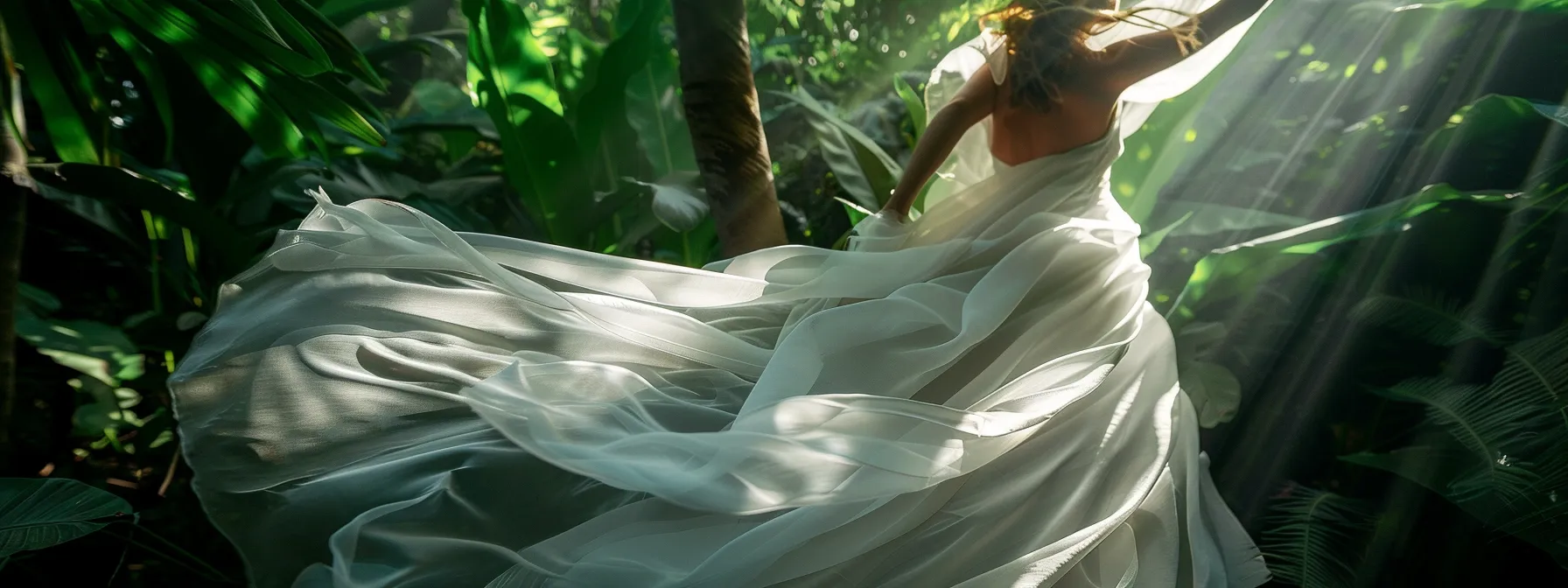 a Stunning, Organic Silk Bridal Gown Flowing in the Wind Against a Backdrop of Lush Greenery. - Scarlet Poppy Bridal Boutique - Scarlet Poppy Bridal Boutique
