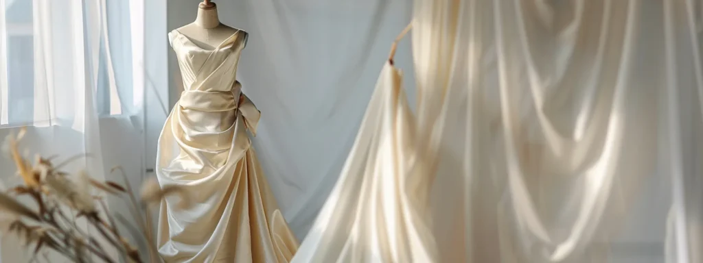 a Sustainable Wedding Dress Made of Organic Cotton, Hemp, Peace Silk, Bamboo, and Linen Draped Elegantly on a Mannequin, Showcasing the Beauty and Eco-friendly Nature of Natural Fibers. - Scarlet Poppy Bridal Boutique - Scarlet Poppy Bridal Boutique