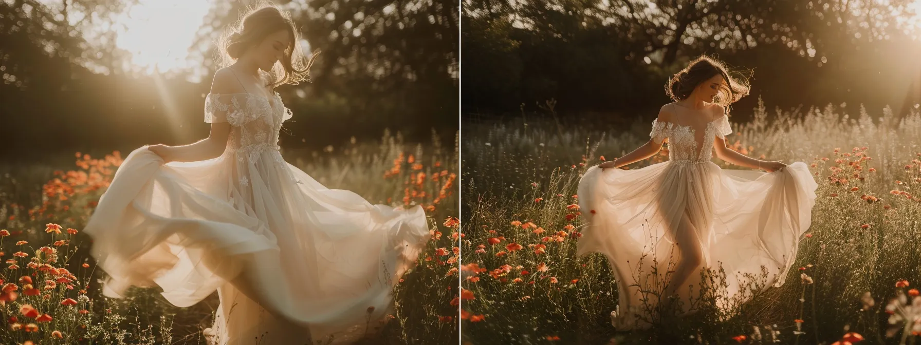 a Bride Twirls in a Flowing, Ethereal Bohemian Wedding Dress, Surrounded by Wildflowers in a Sunlit Field. - Scarlet Poppy Bridal Boutique - Scarlet Poppy Bridal Boutique