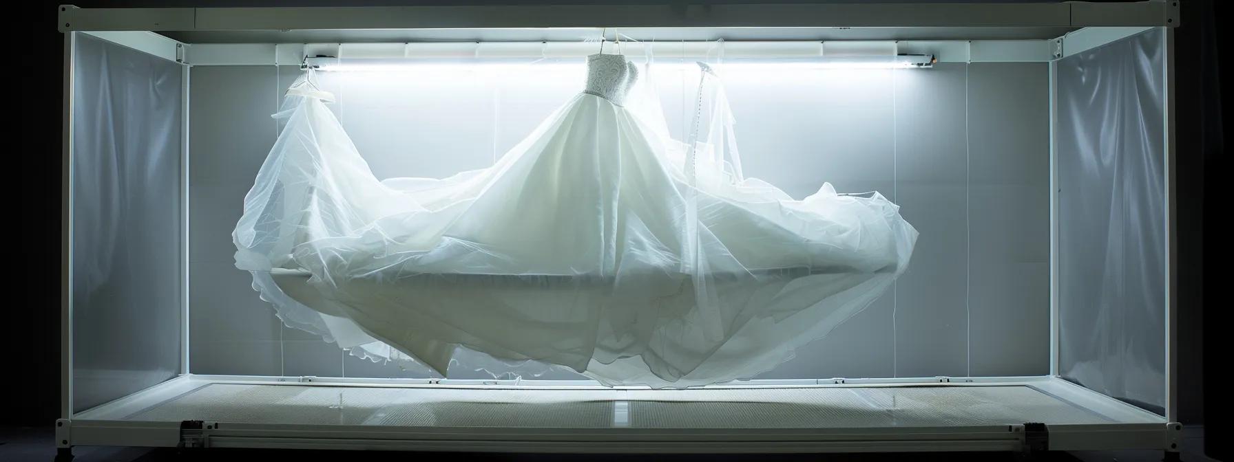 Capture a Pristine White Wedding Dress Hanging Elegantly in a Protective Garment Bag, Ready for the Big Day. - Scarlet Poppy Bridal Boutique - Scarlet Poppy Bridal Boutique