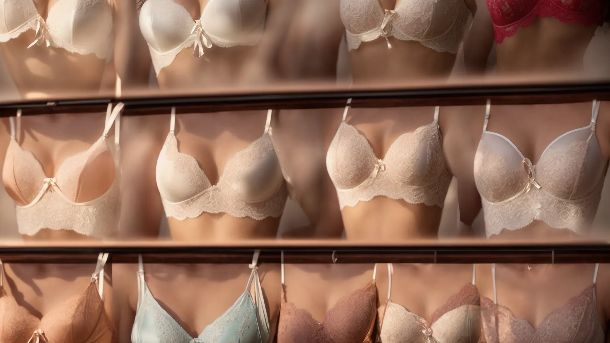 a Rack of Elegant Lace Bras and Silk Panties Displayed in a Soft, Flattering Light. - Scarlet Poppy Bridal Boutique - Scarlet Poppy Bridal Boutique