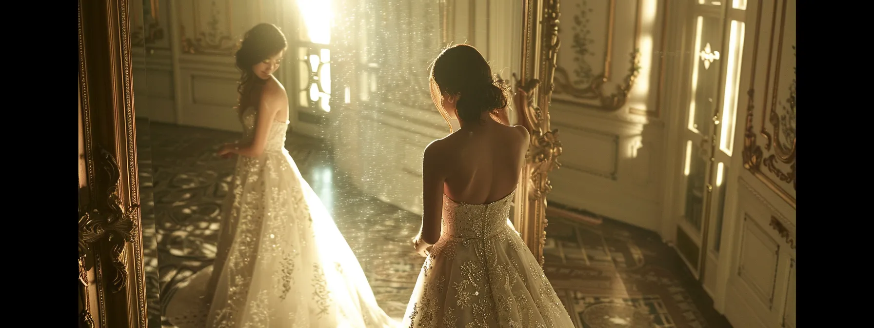 a Radiant Bride Standing in Front of a Full-length Mirror, Trying on a Stunning Ball Gown with Intricate Lace Details. - Scarlet Poppy Bridal Boutique - Scarlet Poppy Bridal Boutique