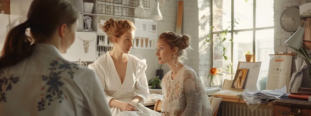 a Bride Surrounded by Fabric Swatches, Sketches, and Inspirational Images, Discussing Design Details with a Fashion Designer in a Bright, Airy Studio. - Scarlet Poppy Bridal Boutique - Scarlet Poppy Bridal Boutique