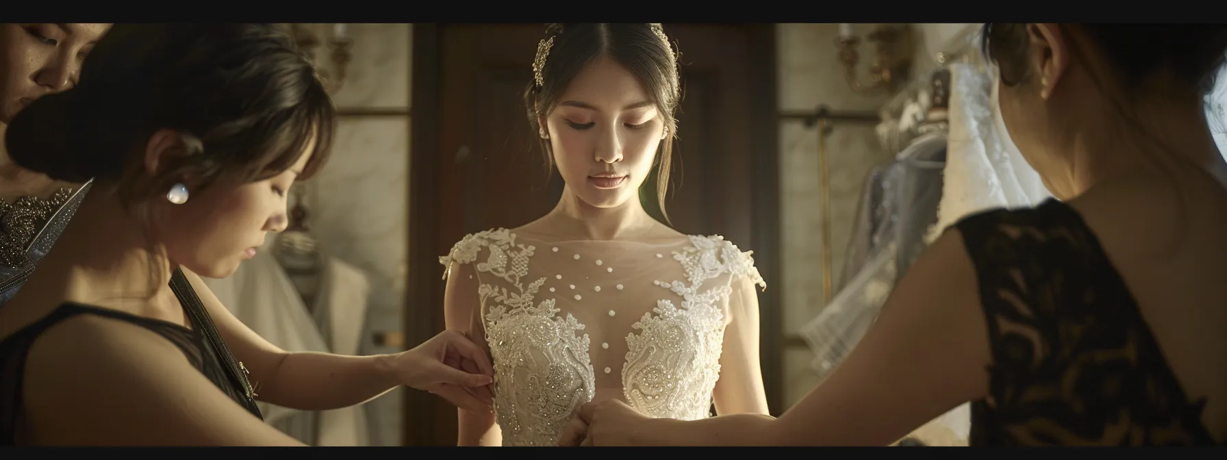 a Bride Wearing a Stunning White Gown, Surrounded by Attentive Seamstresses Adjusting the Delicate Lace Details. - Scarlet Poppy Bridal Boutique - Scarlet Poppy Bridal Boutique