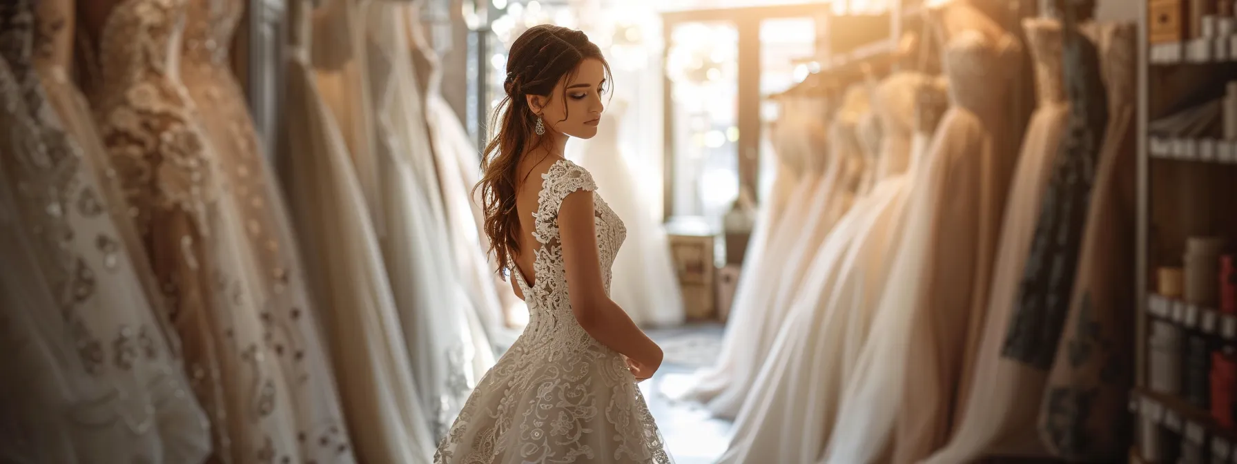 an Elegant Bride Trying on a Stunning Lace Wedding Gown in a Luxurious Bridal Boutique. - Scarlet Poppy Bridal Boutique - Scarlet Poppy Bridal Boutique