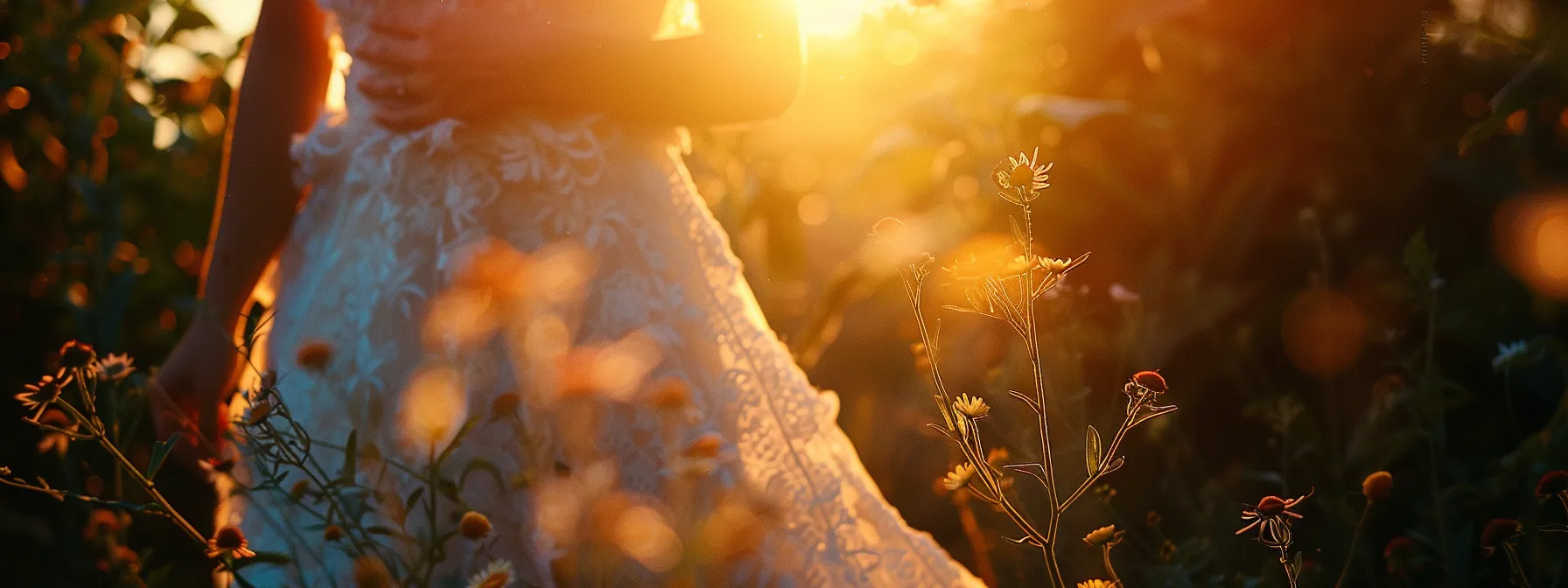 a Beautiful, Ethereal Wedding Dress Made of Flowing Organic Cotton, Adorned with Delicate Eco-friendly Lace, Set Against a Lush Garden Backdrop Under the Golden Glow of the Setting Sun. - Scarlet Poppy Bridal Boutique - Scarlet Poppy Bridal Boutique