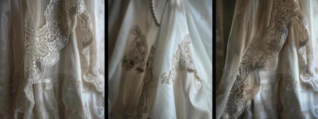 a Beautifully Intricate Vintage Wedding Dress, with Delicate Lace Detailing and Shimmering Beadwork, Hangs Elegantly Against a Soft, Ethereal Backdrop. - Scarlet Poppy Bridal Boutique - Scarlet Poppy Bridal Boutique