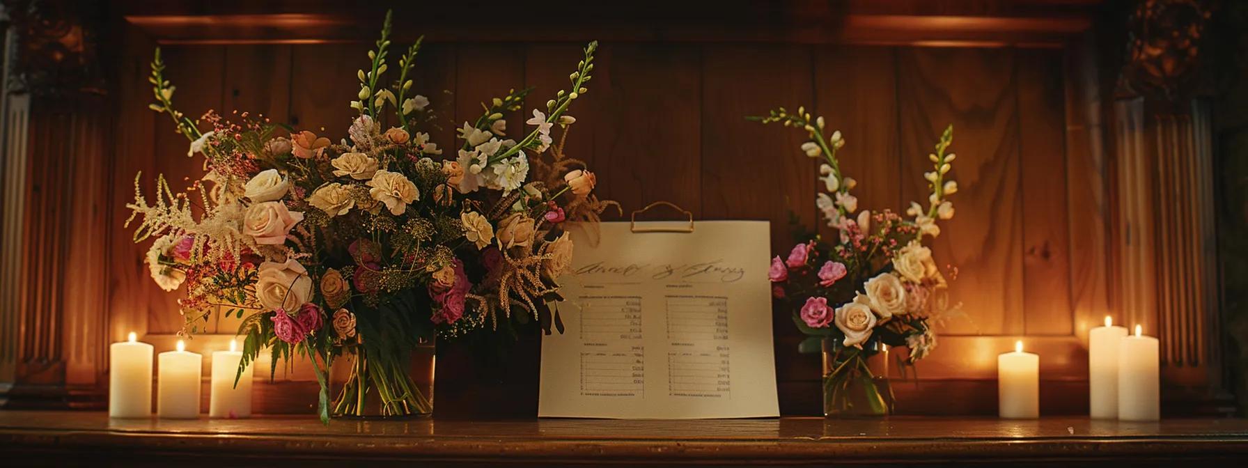 a Beautifully Organized Wedding Day Schedule Displayed on an Elegant Wooden Table Adorned with Delicate Floral Arrangements and Soft Candlelight. - Scarlet Poppy Bridal Boutique - Scarlet Poppy Bridal Boutique