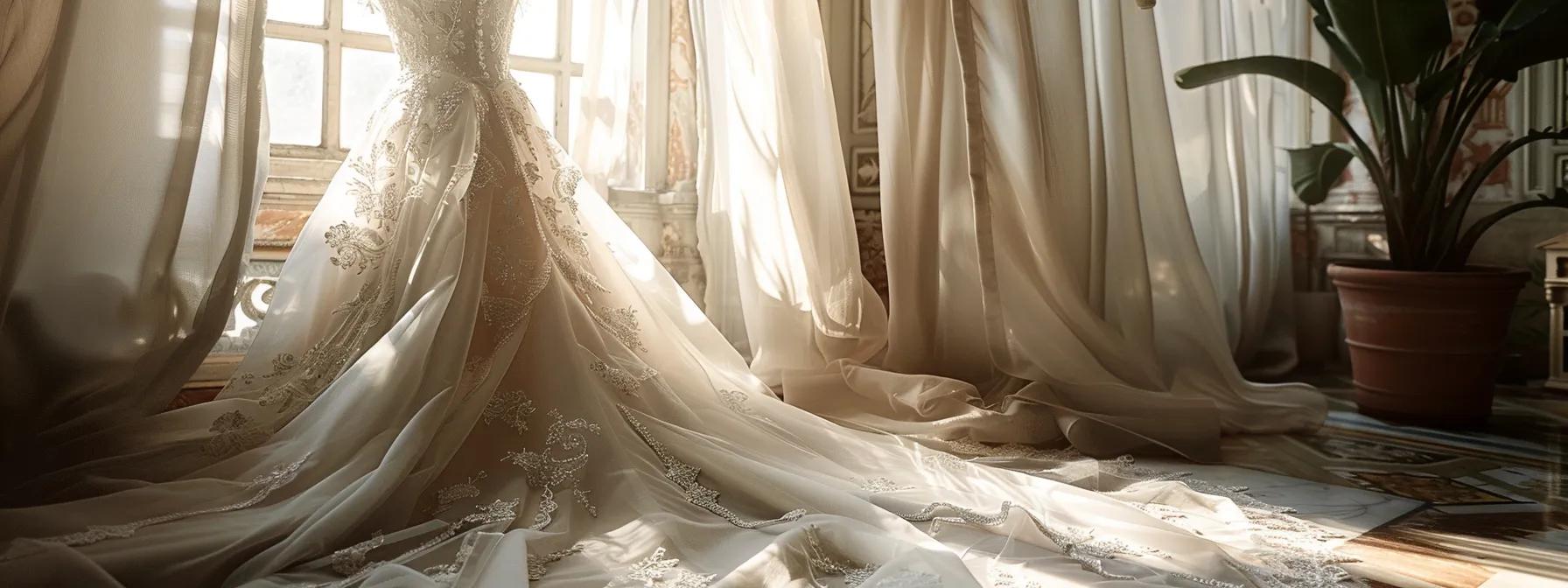 a Breathtaking Bridal Gown Elegantly Draped on a Vintage Mannequin, Surrounded by Soft, Diffused Natural Light That Highlights the Intricate Lace Details and Sumptuous Fabric, Embodying the Essence of Elysee Bridal Luxury. - Scarlet Poppy Bridal Boutique - Scarlet Poppy Bridal Boutique