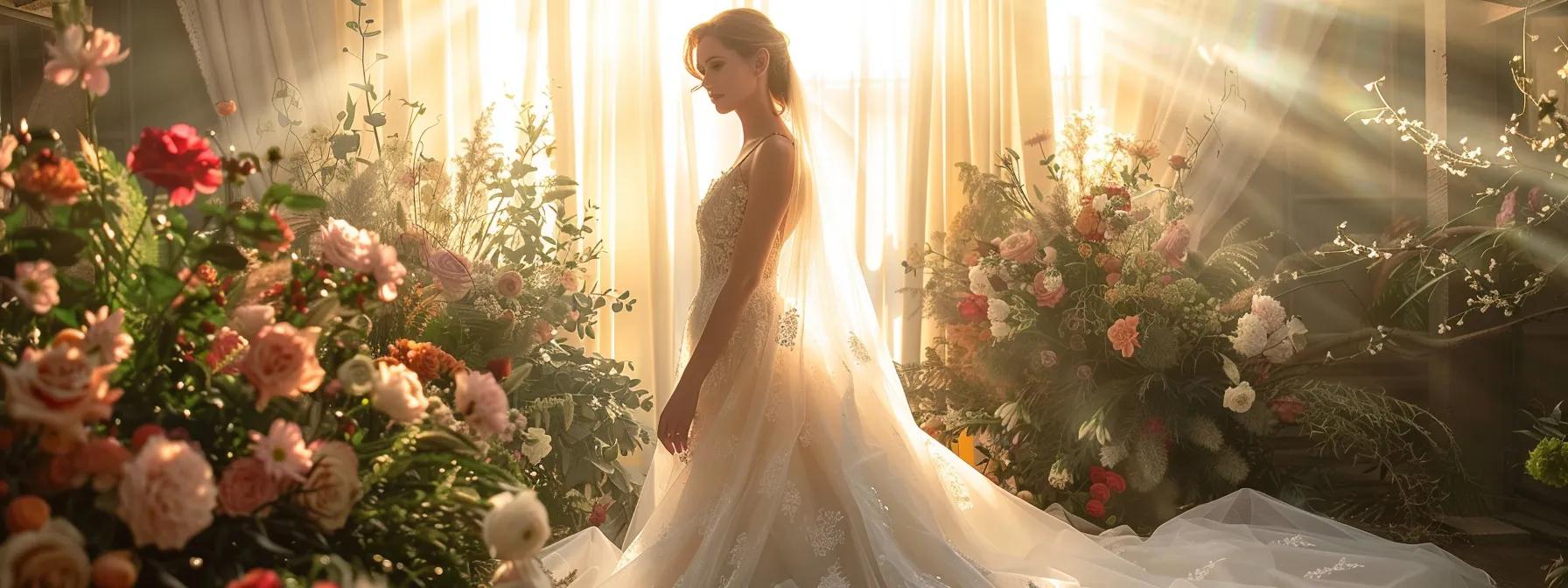 a Breathtaking Bridal Scene Featuring a Radiant Bride in an Elegant, Flowing Gown Surrounded by Soft, Natural Light and Lush Floral Arrangements, Embodying the Perfect Essence of Timeless Elegance for Every Bride. - Scarlet Poppy Bridal Boutique - Scarlet Poppy Bridal Boutique