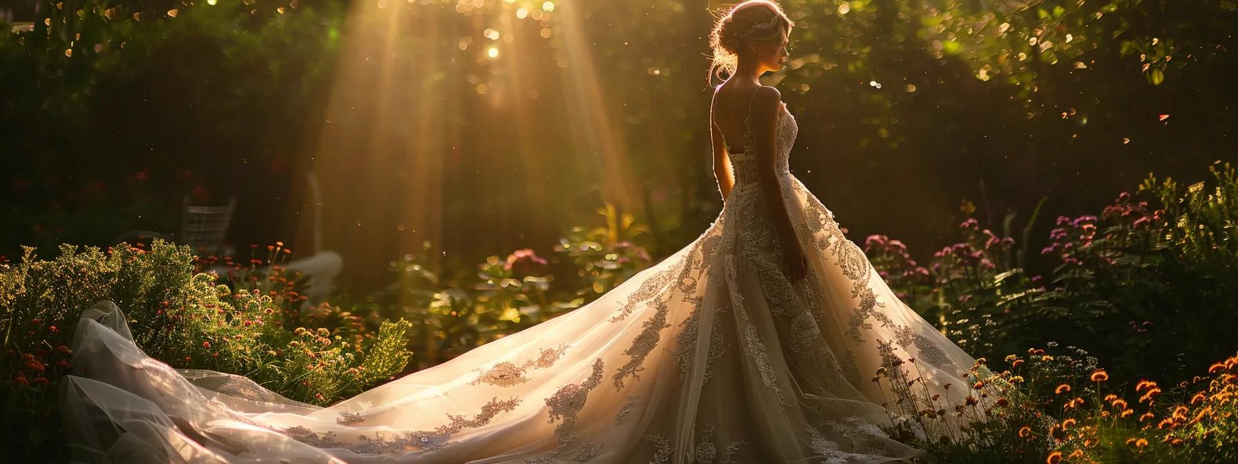 a Breathtaking Bridal Scene Showcases a Radiant Bride Adorned in an Exquisite Maggie Sottero Gown, Enveloped in Soft, Romantic Lighting That Highlights the Intricate Lace Details and Flowing Silhouette Against an Elegant, Blurred Backdrop of a Lush Garden. - Scarlet Poppy Bridal Boutique - Scarlet Poppy Bridal Boutique