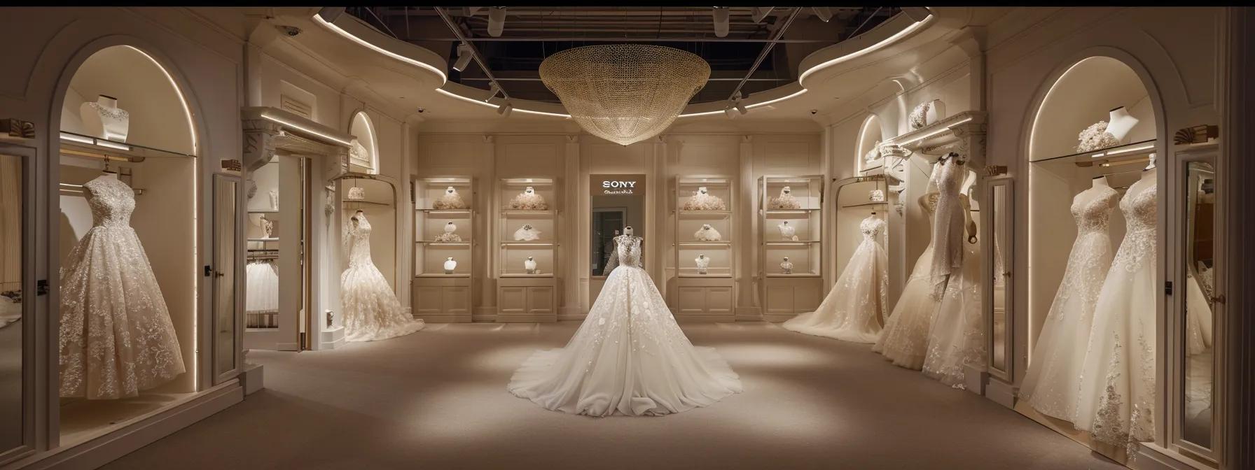 a Breathtaking Display of Elegant Bridal Gowns Showcasing Intricate Lace Details and Flowing Fabrics, Illuminated by Soft, Romantic Lighting in a Luxurious Boutique Setting. - Scarlet Poppy Bridal Boutique - Scarlet Poppy Bridal Boutique