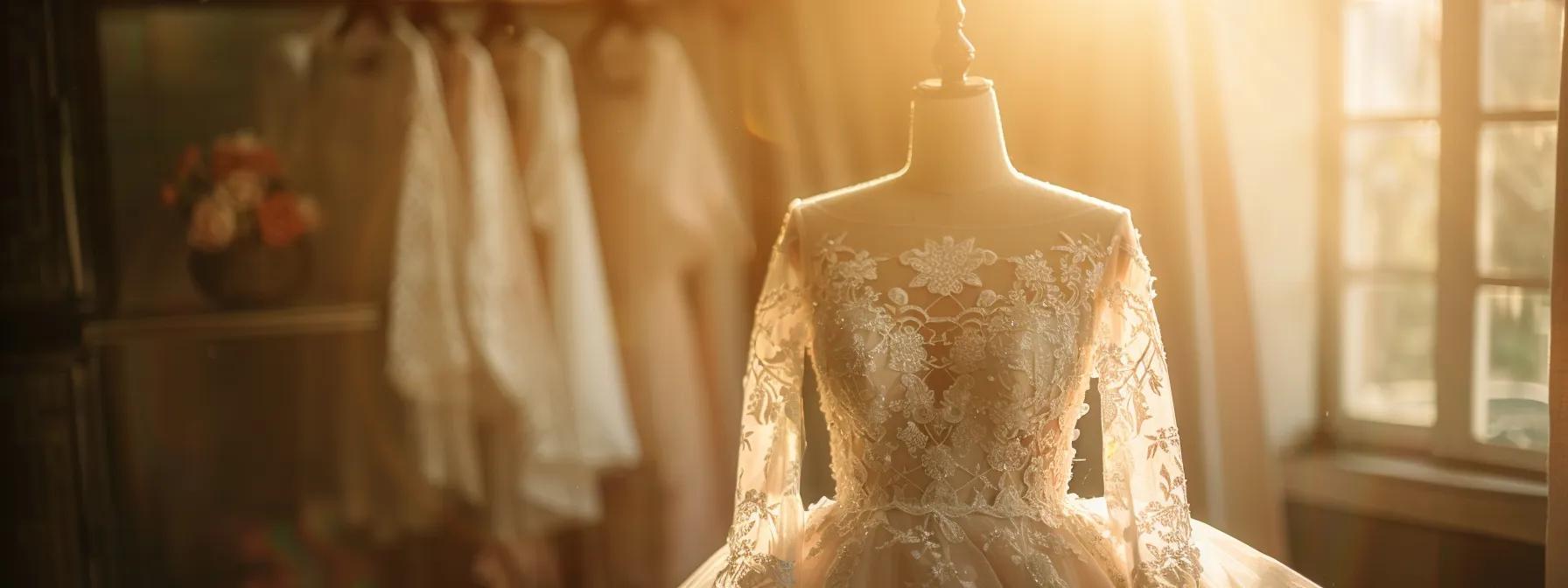 a Breathtaking Elysee Bridal Wedding Dress Elegantly Displayed on a Delicate Mannequin, Bathed in Soft, Diffused Natural Light, Showcasing Its Intricate Lace Details and Flowing Silhouette Against a Softly Blurred Romantic Backdrop. - Scarlet Poppy Bridal Boutique - Scarlet Poppy Bridal Boutique