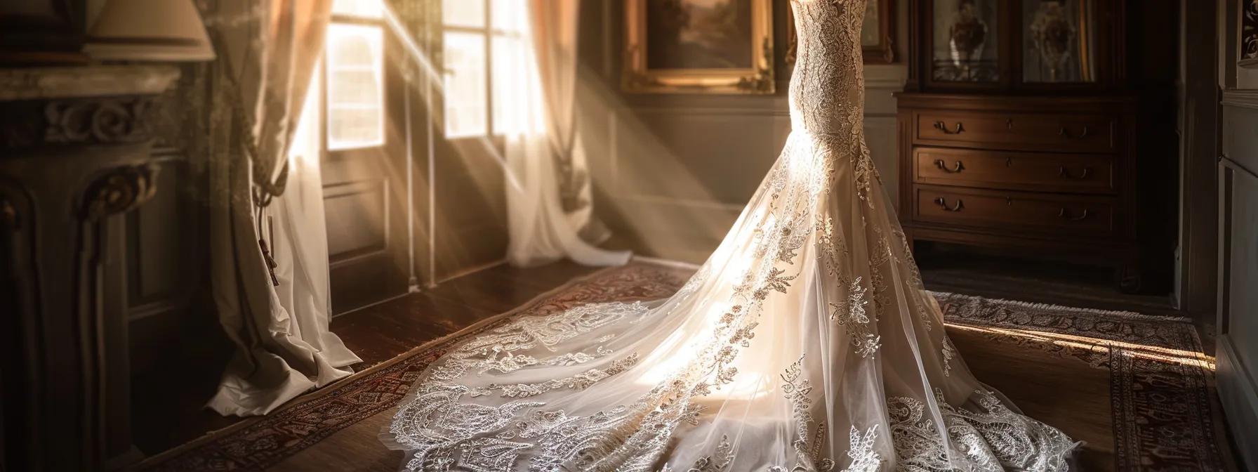 a Breathtaking Wedding Gown by Maggie Sottero Drapes Elegantly on a Mannequin, Showcasing Intricate Lace Detailing and Flowing Silk in Soft, Romantic Lighting That Enhances Its Ethereal Beauty. - Scarlet Poppy Bridal Boutique - Scarlet Poppy Bridal Boutique