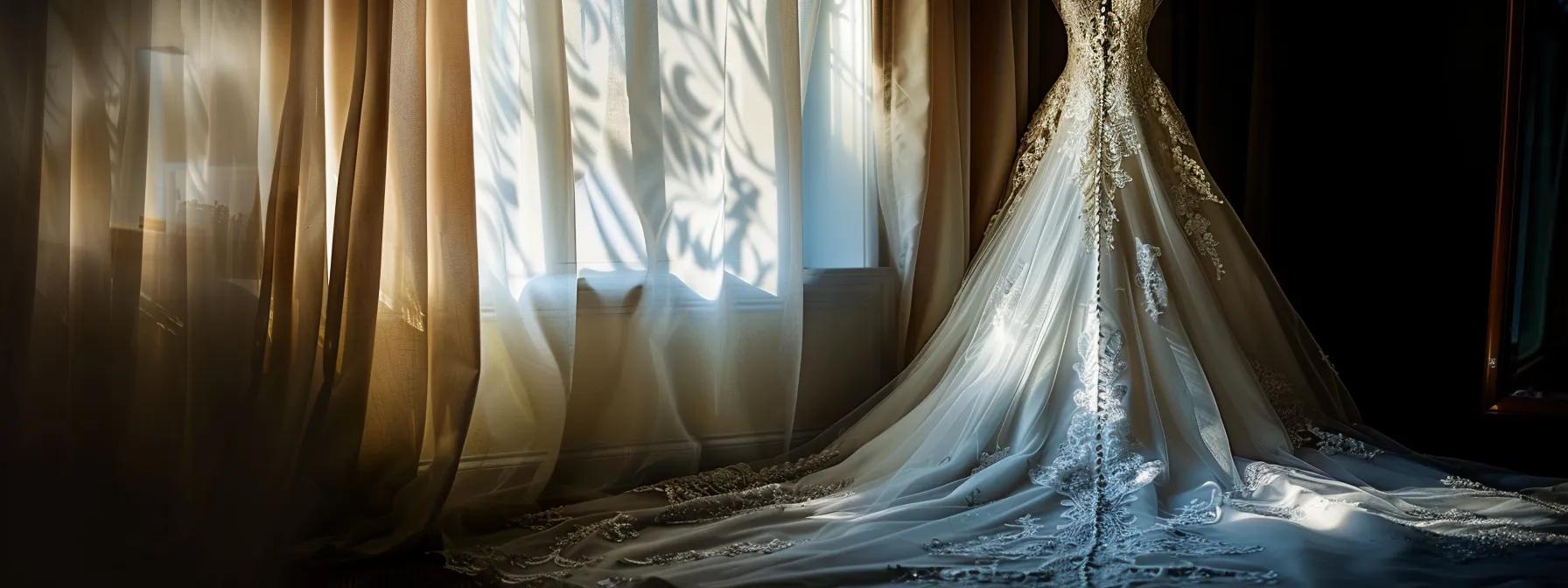 a Breathtaking Wedding Gown Draped Elegantly on a Vintage Mannequin, Illuminated by Soft, Ethereal Lighting, Showcasing the Intricate Lace and Delicate Beading That Embodies Maggie Sottero's Inspiring Designer Collaborations. - Scarlet Poppy Bridal Boutique - Scarlet Poppy Bridal Boutique