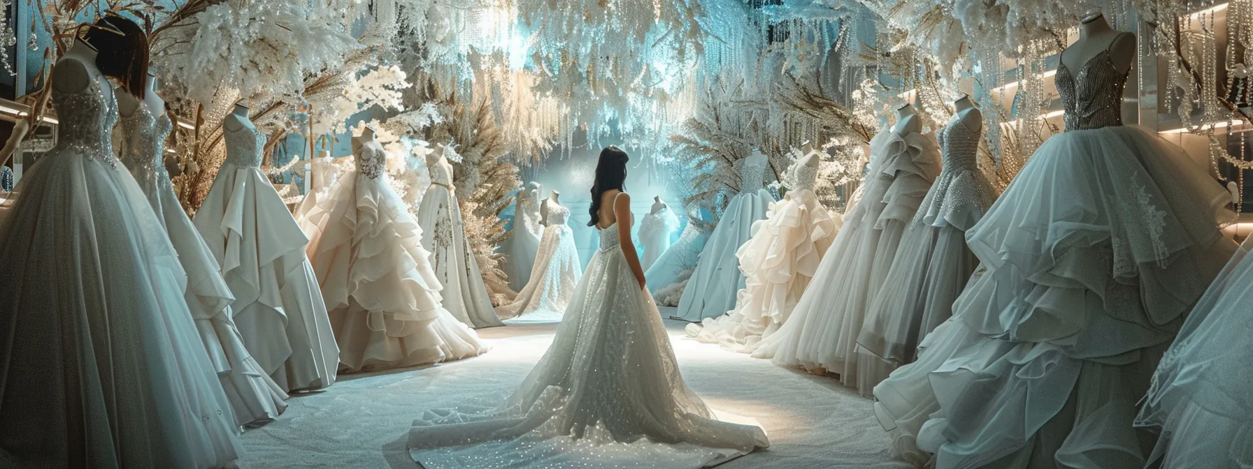 a Bride Surrounded by a Stunning Array of Elegant Wedding Gowns in a Beautifully Decorated Bridal Boutique. - Scarlet Poppy Bridal Boutique - Scarlet Poppy Bridal Boutique