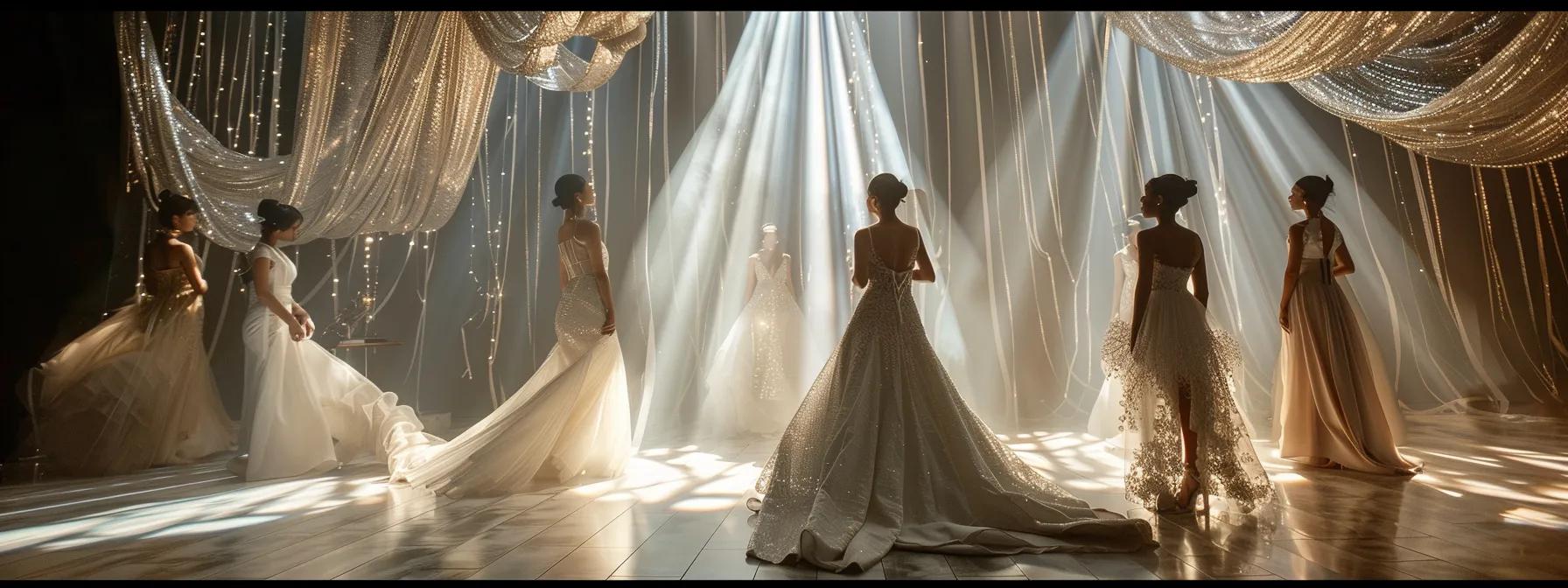 a Captivating Bridal Scene Showcases a Diverse Group of Designers Collaboratively Draping Luxurious Fabrics and Delicate Lace, Illuminated by Soft, Romantic Lighting That Highlights the Elegance and Transformation of Bridal Fashion. - Scarlet Poppy Bridal Boutique - Scarlet Poppy Bridal Boutique