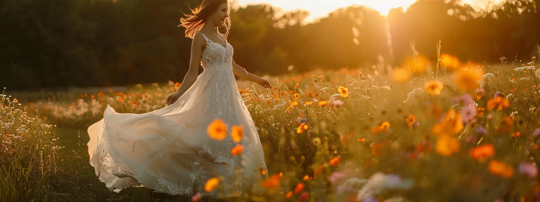 a Captivating Bride Twirls in a Delicate, Ethereal Vintage Lace Wedding Dress Amidst a Field of Wildflowers. - Scarlet Poppy Bridal Boutique - Scarlet Poppy Bridal Boutique