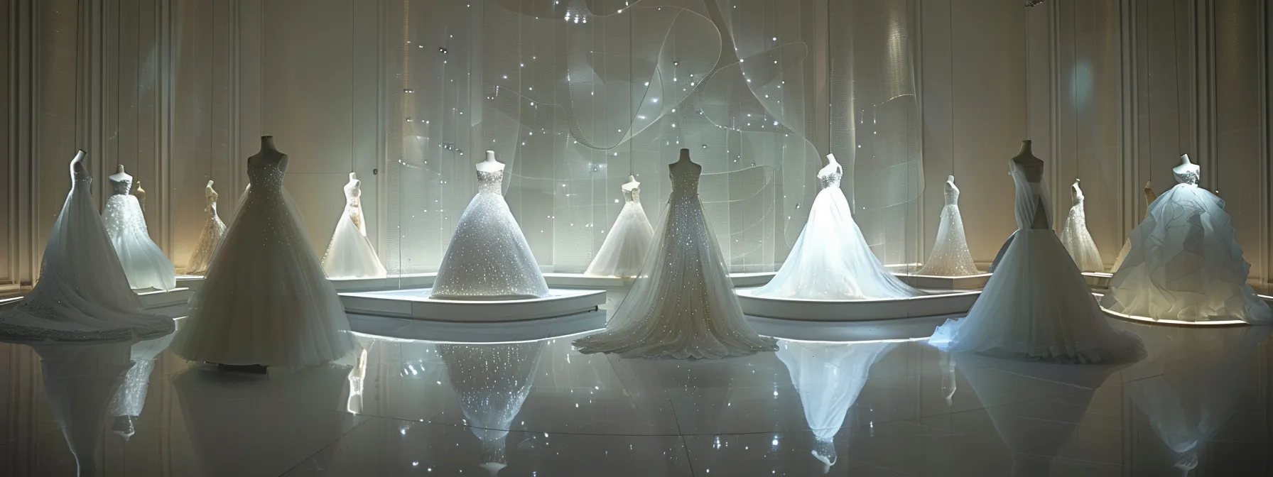 a Dazzling Array of Sleek, Elegant Wedding Dresses Displayed on Mannequins in a Chic Bridal Boutique. - Scarlet Poppy Bridal Boutique - Scarlet Poppy Bridal Boutique