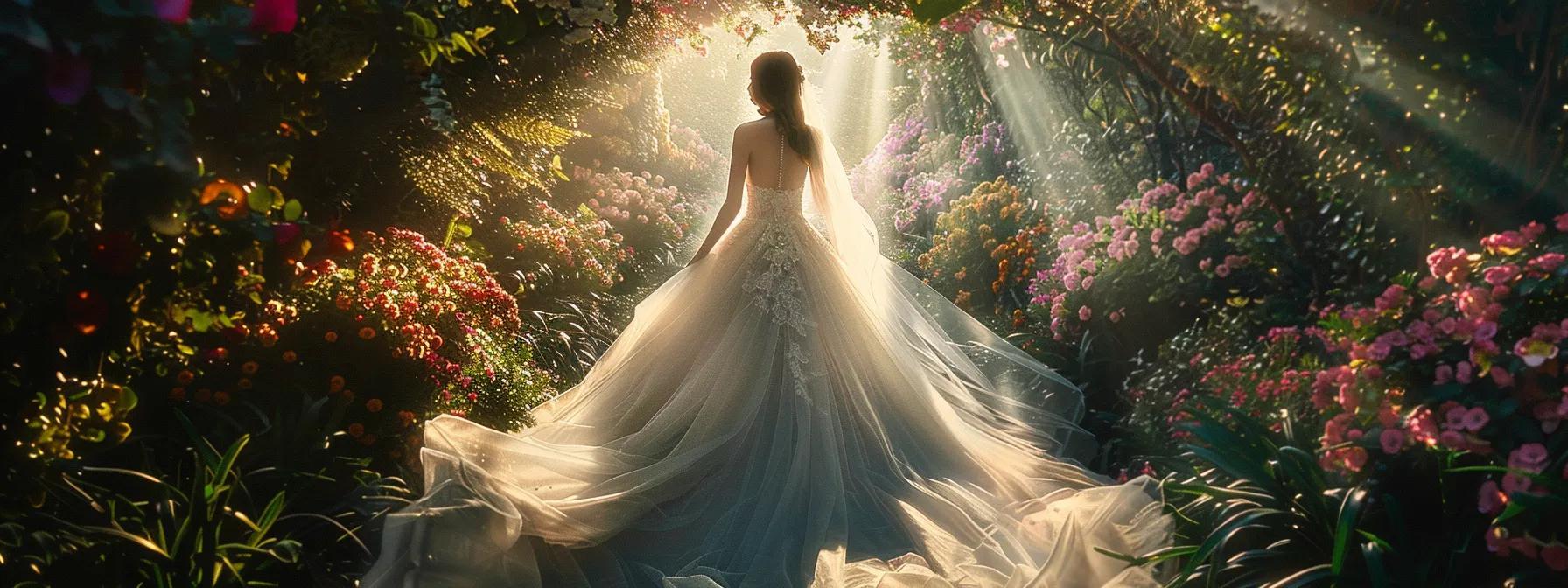 a Dazzling, Ethereal Bridal Gown in Soft, Flowing Fabric Shimmers Under Soft, Diffused Natural Light, Surrounded by an Enchanting Garden of Vibrant Blooms, Capturing the Essence of Timeless Elegance and Romance. - Scarlet Poppy Bridal Boutique - Scarlet Poppy Bridal Boutique