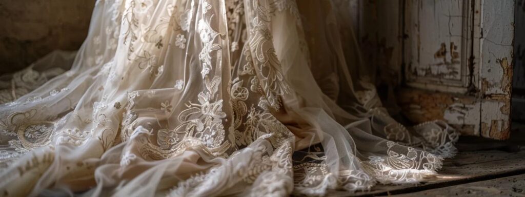 a Lavish Vintage Wedding Dress, Draped Elegantly on a Rustic Wooden Mannequin, Showcases Intricate Lace Detailing and Soft, Flowing Silk Fabric That Exudes Timeless Elegance. - Scarlet Poppy Bridal Boutique - Scarlet Poppy Bridal Boutique