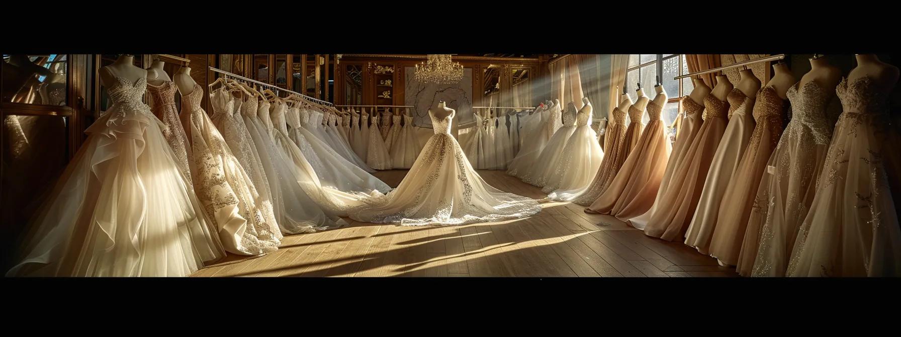 a Radiant Bridal Shop Showcases a Stunning Array of Elegant Gowns Draped Softly on Luxurious Mannequins, Illuminated by Warm Golden Light, Symbolizing Hope and New Beginnings for Brides Facing Wardrobe Dilemmas. - Scarlet Poppy Bridal Boutique - Scarlet Poppy Bridal Boutique