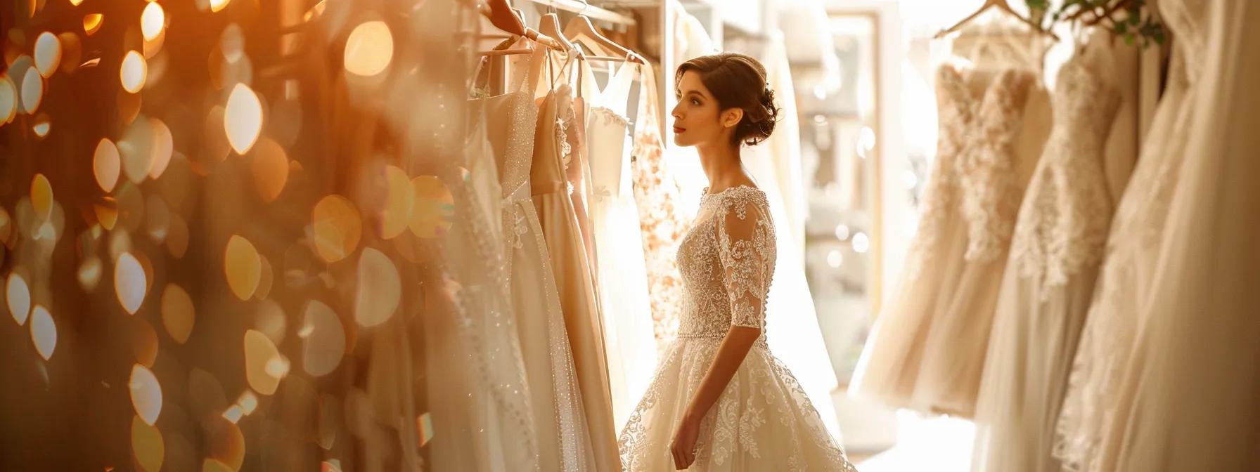 a Radiant Bride Stands Elegantly Amid the Soft, Glowing Interiors of a Luxurious Leeds Boutique, Surrounded by Cascading Wedding Dresses That Shimmer in the Warm Light. - Scarlet Poppy Bridal Boutique - Scarlet Poppy Bridal Boutique