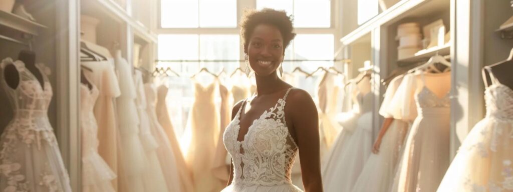 a Radiant Bride Stands Gracefully in a Sun-drenched Bridal Boutique, Surrounded by an Elegant Display of Diverse Elysee Bridal Dress Collections, Showcasing Timeless, Modern, and Luxury Gowns That Embody Various Tastes and Budgets. - Scarlet Poppy Bridal Boutique - Scarlet Poppy Bridal Boutique