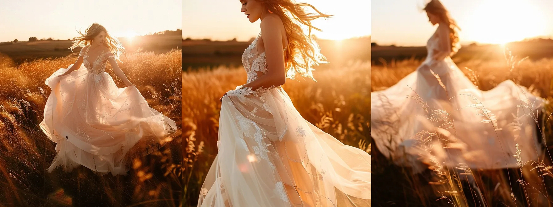 a Stunning Bohemian Bridal Gown Flowing Freely in a Sunlit Meadow. - Scarlet Poppy Bridal Boutique - Scarlet Poppy Bridal Boutique