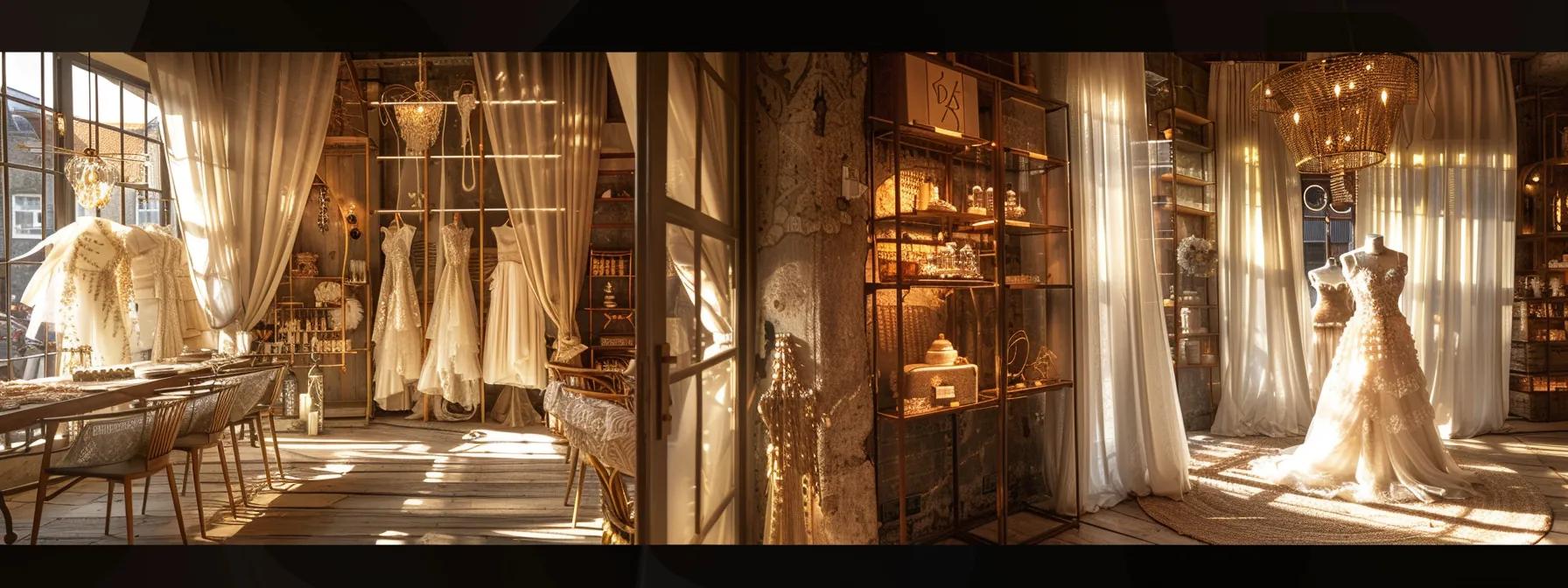 a Stunning Bridal Boutique in Leeds, Adorned with Elegantly Draped Wedding Dresses, Bathed in Soft, Diffused Natural Light That Highlights the Intricate Lace and Silk Textures, Creating an Atmosphere of Enchantment and Romance. - Scarlet Poppy Bridal Boutique - Scarlet Poppy Bridal Boutique