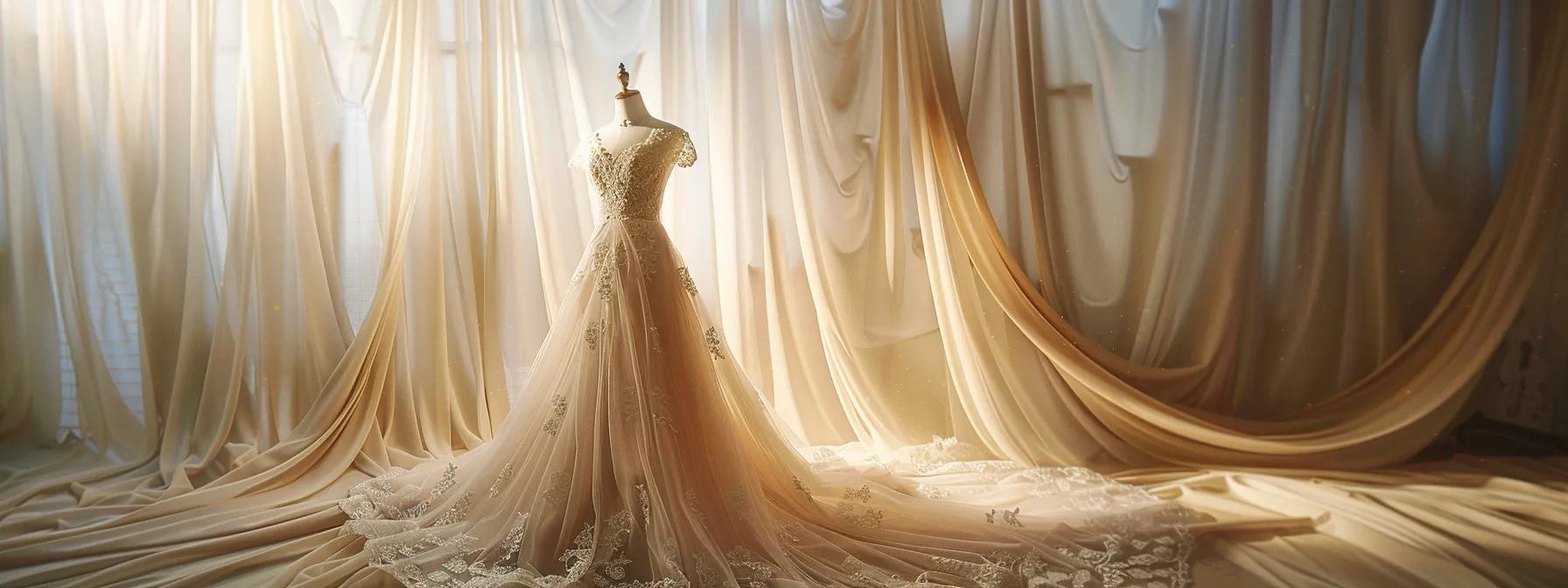 a Stunning Bridal Gown Displayed Elegantly on a Vintage Mannequin, Featuring Intricate Lace Detailing and Soft, Flowing Fabric, Set Against a Softly Lit Backdrop of Luxurious Drapery to Evoke a Dreamy Atmosphere of Wedding Planning. - Scarlet Poppy Bridal Boutique - Scarlet Poppy Bridal Boutique