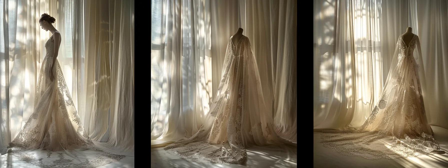 a Stunning Bridal Gown Displayed Elegantly on a Vintage Mannequin, Bathed in Soft, Natural Light Filtering Through Sheer Curtains, Showcasing the Intricate Lace Details and Timeless Elegance of Elysee Bridal Wedding Dresses. - Scarlet Poppy Bridal Boutique - Scarlet Poppy Bridal Boutique